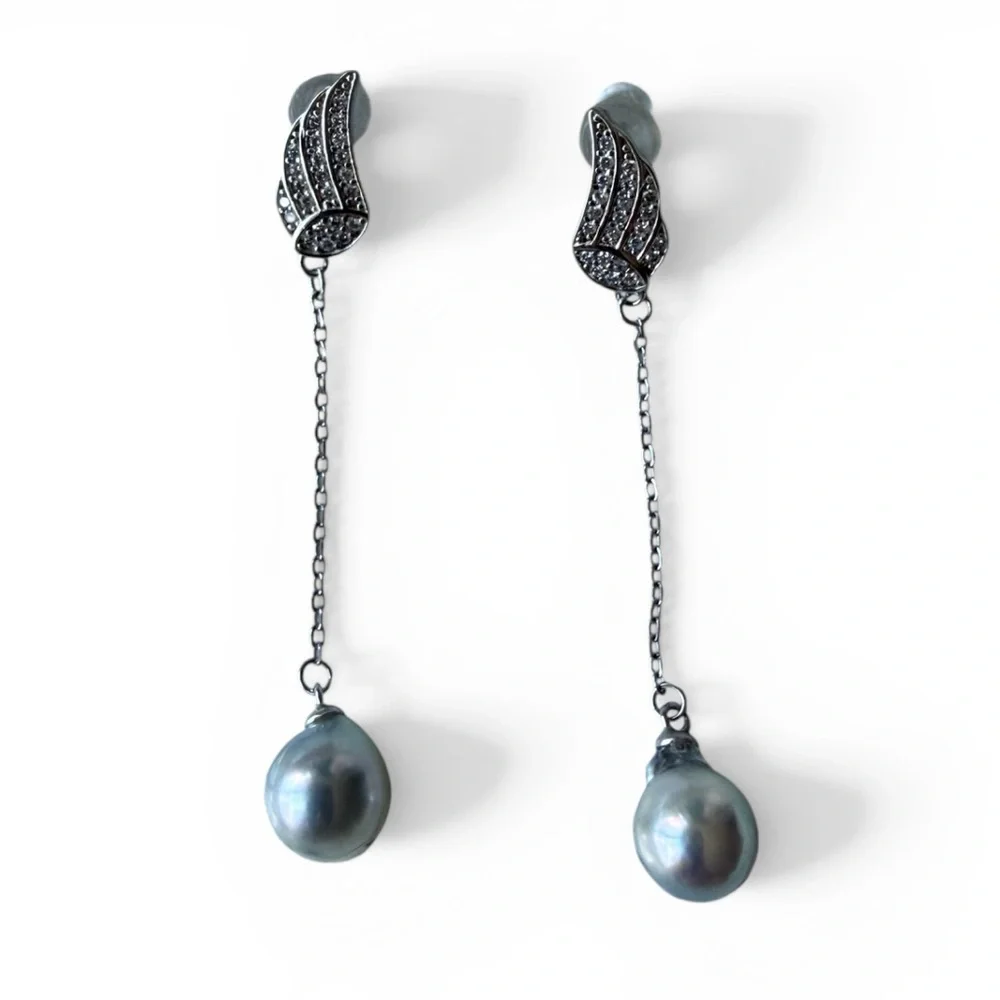 Baroque Akoya Saltwater Pearl Dangle Earrings 7.4mm Silver Blue Gray Angel Wing - Picture 2 of 4